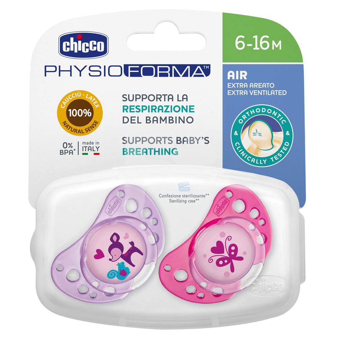 Chicco Chupete physio air caucho rosa 6-12 meses 2uds Chicco Chupete physio air caucho rosa 6-12 meses 2uds